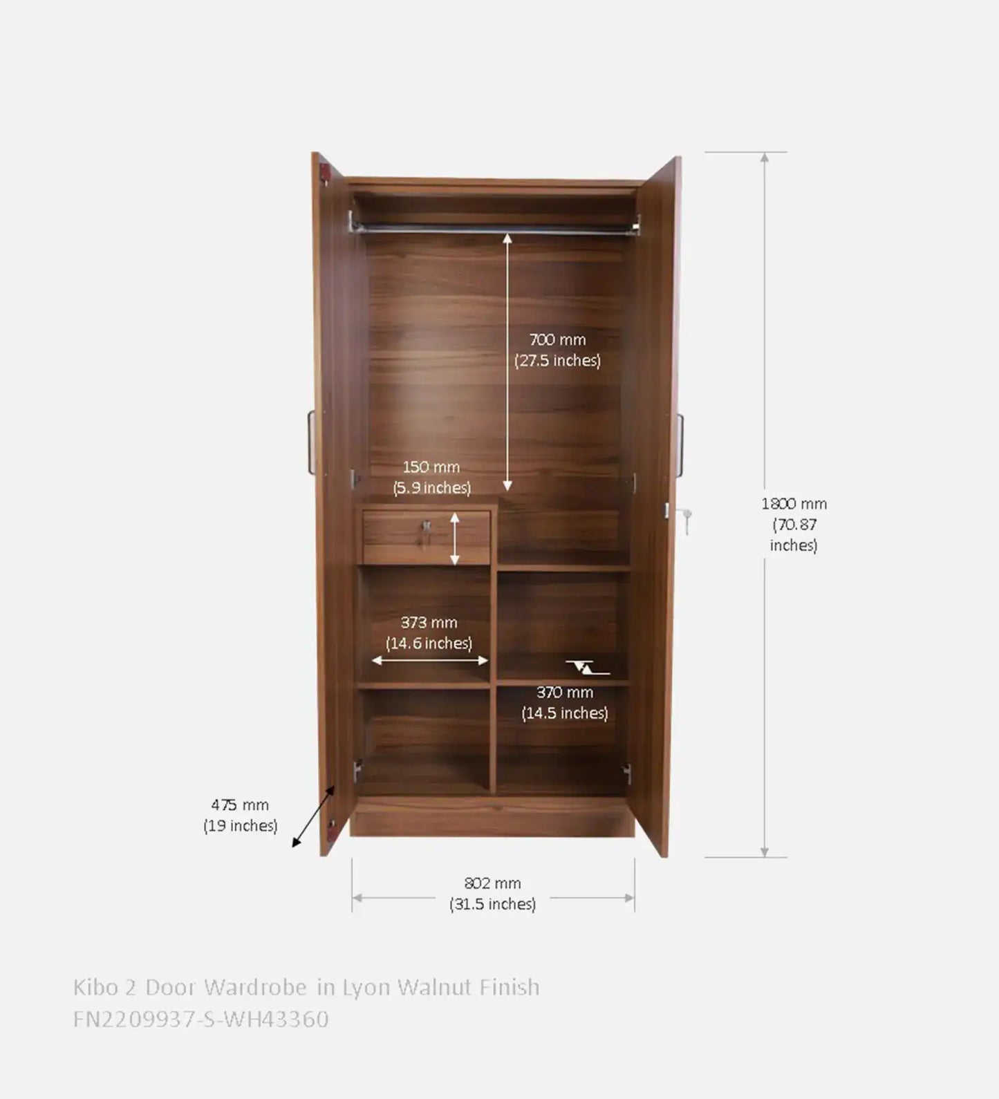 Kibo 2 Door Wardrobe In Lyon Walnut Finish With Drawer