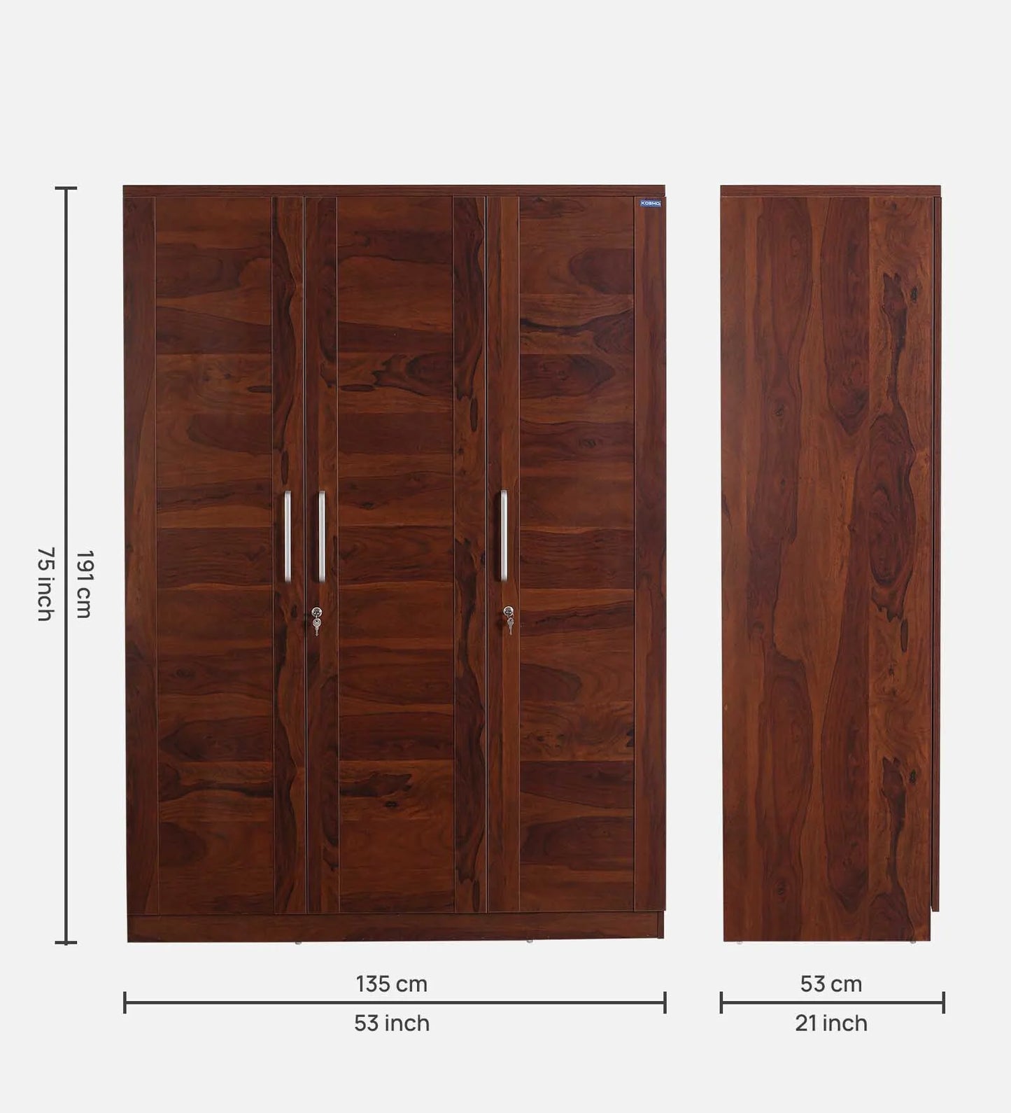Kosmo Grace 3 Door Wardrobe in Sheesham Woodpore Finish