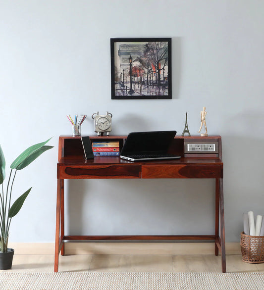 Larvik Sheesham Wood Writing Table with Switch Board in Honey Oak Finish