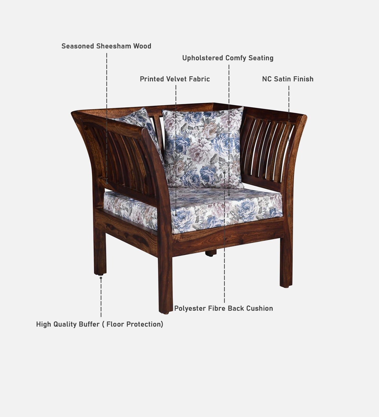 Radom Sheesham Wood 1 Seater Sofa In Provincial Teak Finish
